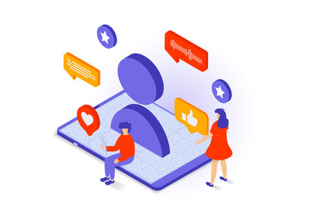 Social media concept in 3d isometric design. People networking, registarate and manage new online profile, chatting and likes friends posts. Vector illustration with isometry scene for web graphicのイラスト素材