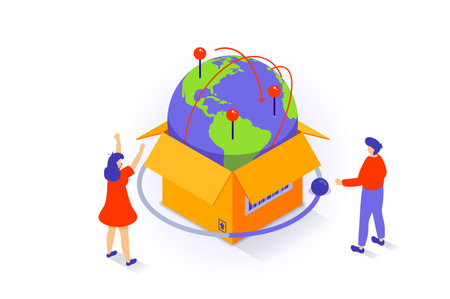 Transportation and logistics concept in 3d isometric design. People use international delivery company service with shipping in world points. Vector illustration with isometry scene for web graphicのイラスト素材