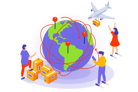 Transportation and logistics concept in 3d isometric design. People work in global delivery company with air freight, export and import service. Vector illustration with isometry scene for web graphicのイラスト素材