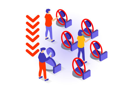 Unemployment and crisis concept in 3d isometric design. People massively lose their jobs and suffer layoffs, have financial problems and debts. Vector illustration with isometry scene for web graphicのイラスト素材