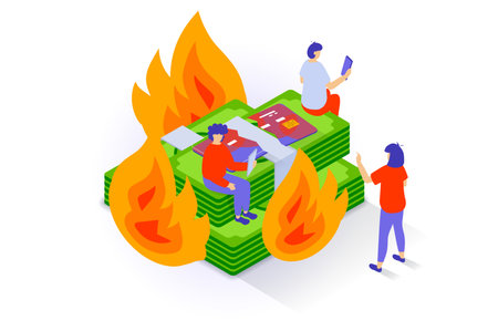Unemployment and crisis concept in 3d isometric design. People have financial recession and losses money in economy crisis, break credit cards. Vector illustration with isometry scene for web graphicのイラスト素材