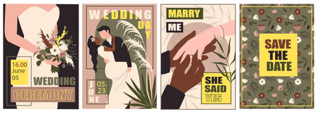 Wedding ceremony cover brochure set in trendy flat design. Poster templates with bride in dress...