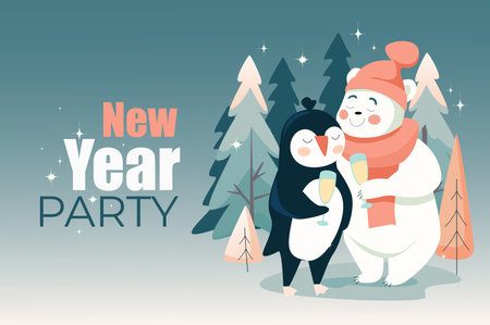 Winter holiday poster template in flat design. Banner layout to New Year and Christmas with happy animals couple drinking champagne. Polar bear and penguin celebrating in forest. Vector illustration.のイラスト素材