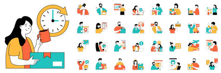 Delivery concept with character situations mega set. Bundle of scenes people wait parcels delivering, send letters, courier shipping, transportation and other. Vector illustrations in flat web designのイラスト素材