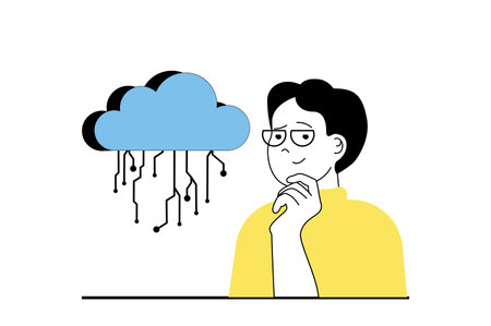 Cloud computing concept with people scene in flat web design. Man using cloud storage and processing with online database and hosting. Vector illustration for social media banner, marketing material.のイラスト素材