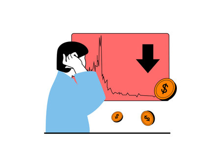 Crisis management concept with people scene in flat web design. Upset man analyzes falling economic trend chart and company debts. Vector illustration for social media banner, marketing material.のイラスト素材