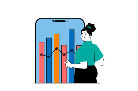 Digital business concept with people scene in flat web design. Woman analyzing data graph statistics of online company in mobile app. Vector illustration for social media banner, marketing material.のイラスト素材
