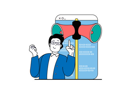 Digital marketing concept with people scene in flat web design. Man promoting business and makes advertisement, attracting audience. Vector illustration for social media banner, marketing material.のイラスト素材