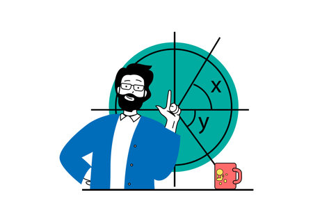 Education concept with people scene in flat web design. Man working as teacher and explaining mathematics at class lesson or webinar. Vector illustration for social media banner, marketing material.のイラスト素材
