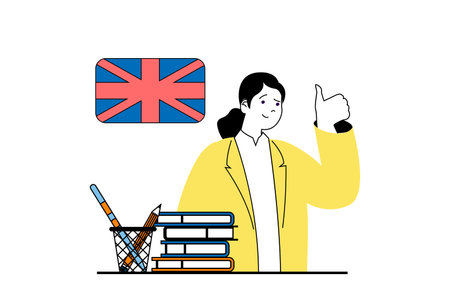 Education concept with people scene in flat web design. Woman working as teacher and explaining english language to students in school. Vector illustration for social media banner, marketing material.のイラスト素材