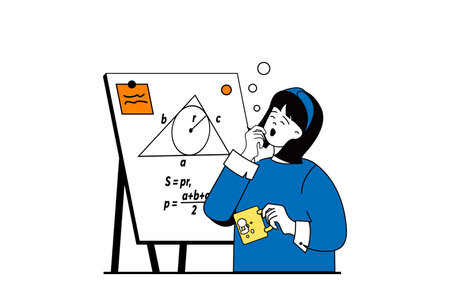 Education concept with people scene in flat web design. Woman teaching in school and explaining mathematics with presentation board. Vector illustration for social media banner, marketing material.のイラスト素材