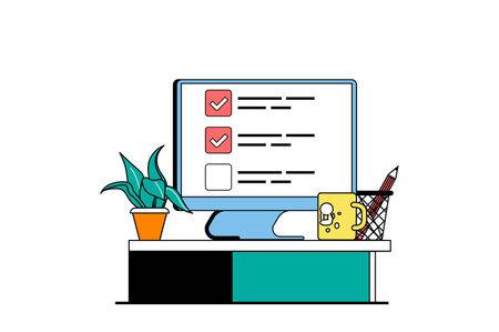 Freelance concept with people scene in flat web design. Remotely freelance workplace with to do lists at tasks at computer screen. Vector illustration for social media banner, marketing material.のイラスト素材