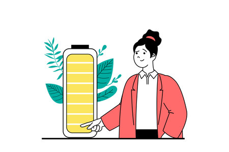 Green energy concept with people scene in flat web design. Woman recharging battery, smart uses charge and saves nature and plants. Vector illustration for social media banner, marketing material.のイラスト素材