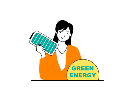 Green energy concept with people scene in flat web design. Woman uses recharging battery to saving electricity and conserve resources. Vector illustration for social media banner, marketing material.のイラスト素材