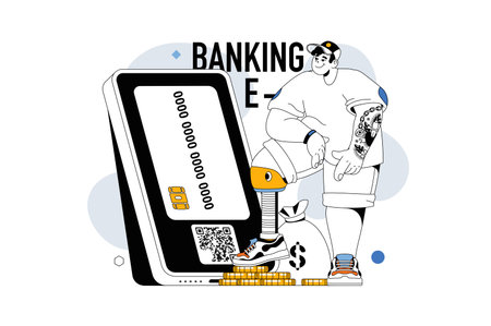 Online banking concept with people scene in flat line design for web. Man makes online transaction with e-wallet or credit card in app. Vector illustration for social media banner, marketing material.のイラスト素材