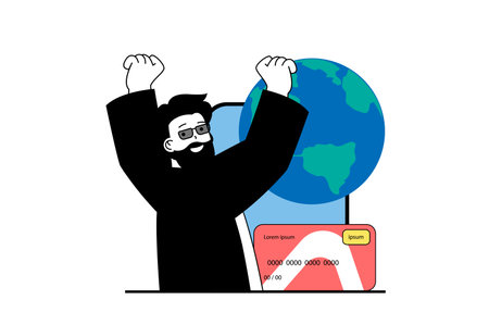 Mobile banking concept with people scene in flat web design. Man using credit card and online payment in app by global world internet. Vector illustration for social media banner, marketing material.のイラスト素材
