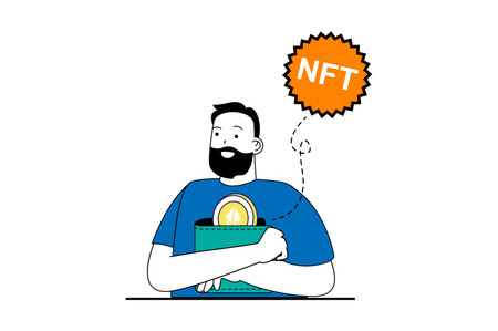 NFT token concept with people scene in flat web design. Man with cryptocurrency wallet paying by unique digital art at marketplace. Vector illustration for social media banner, marketing material.のイラスト素材