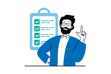 Online survey concept with people scene in flat web design. Man filling questionnaire form, putting check marks on quiz checklist. Vector illustration for social media banner, marketing material.のイラスト素材
