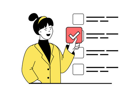 Online survey concept with people scene in flat web design. Woman putting checkbox in form, answering questionnaire or exam test. Vector illustration for social media banner, marketing material.のイラスト素材
