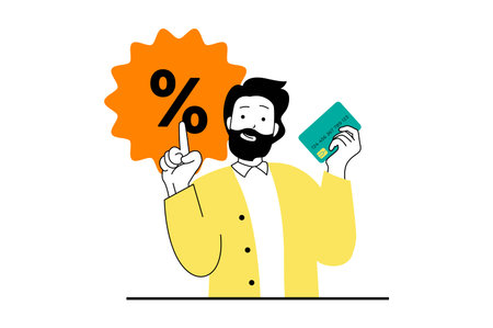 Shopping concept with people scene in flat web design. Man making online purchases, getting discount prices and paying by credit card. Vector illustration for social media banner, marketing material.のイラスト素材