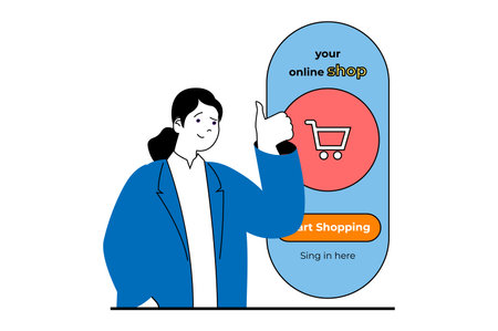 Shopping concept with people scene in flat web design. Woman making smart shopping in online store, ordering products in trolley. Vector illustration for social media banner, marketing material.のイラスト素材