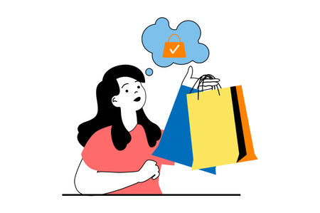 Shopping concept with people scene in flat web design. Woman with bags makes bargain purchases on seasonal sale, ordering goods online. Vector illustration for social media banner, marketing material.のイラスト素材