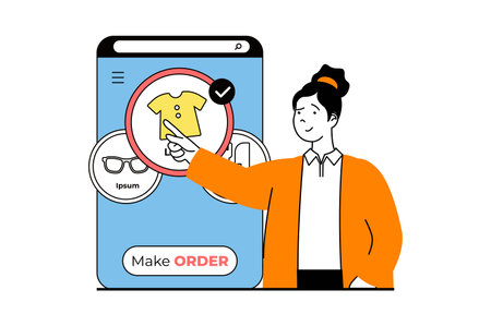 Shopping concept with people scene in flat web design. Woman ordering new clothing and goods at online store, making bargain purchases. Vector illustration for social media banner, marketing material.のイラスト素材