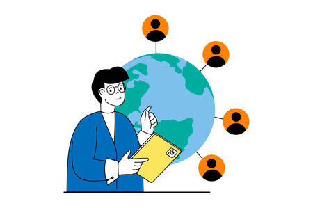 Social media concept with people scene in flat web design. Man communicating online, chatting and connecting with global friends. Vector illustration for social media banner, marketing material.のイラスト素材