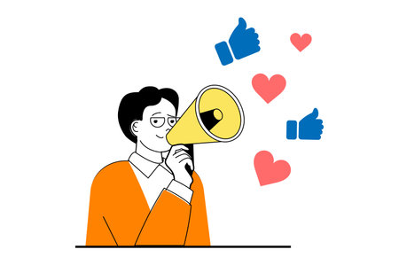 Social media concept with people scene in flat web design. Man with megaphone makes new posts and gettings likes and hearts reaction. Vector illustration for social media banner, marketing material.のイラスト素材