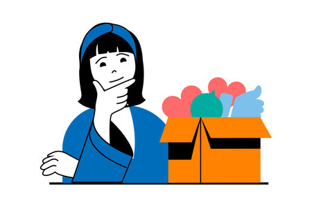 Social media concept with people scene in flat web design. Woman using networks, collecting comments, like and heart reactions in box. Vector illustration for social media banner, marketing material.のイラスト素材