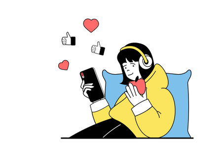 Social media concept with people scene in flat web design. Woman communicating online at mobile application and getting new reactions. Vector illustration for social media banner, marketing material.のイラスト素材