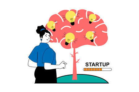 Startup business concept with people scene in flat web design. Woman brainstorming and generating...