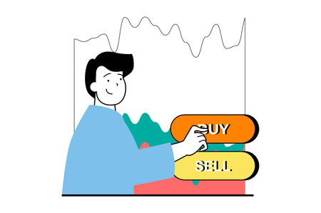 Stock trading concept with people scene in flat web design. Man analyzing financial market data at chart, choosing between sell or buy. Vector illustration for social media banner, marketing material.のイラスト素材