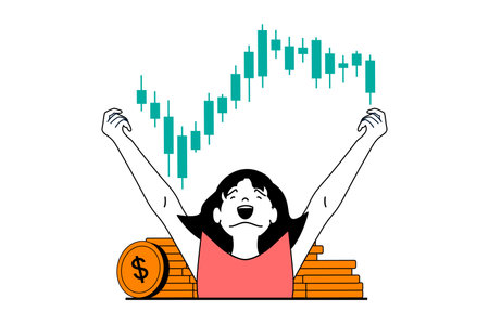 Stock trading concept with people scene in flat web design. Woman making success investments, earning money and gets profit growth. Vector illustration for social media banner, marketing material.のイラスト素材