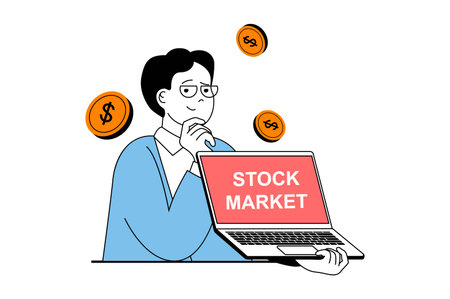 Stock trading concept with people scene in flat web design. Man trading at exchange market, investing money and increase profit. Vector illustration for social media banner, marketing material.のイラスト素材