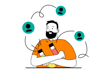 Target audience concept with people scene in flat web design. Man with magnet, attracting new clients and making lead generation. Vector illustration for social media banner, marketing material.のイラスト素材