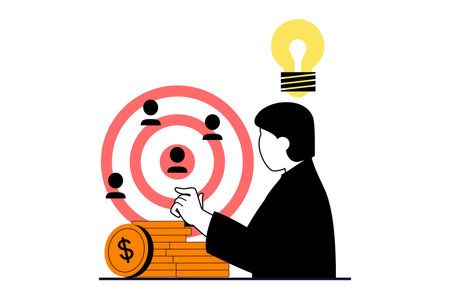 Target audience concept with people scene in flat web design. Man sets business goals, brainstorming ideas, analyzing focus group. Vector illustration for social media banner, marketing material.のイラスト素材