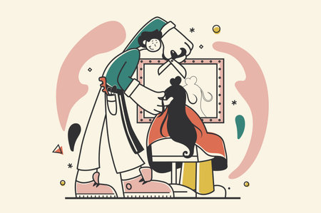 Beauty salon concept with people scene in flat retro design for web. Hairdresser doing haircut and hairstyle to woman client by mirror. Vector illustration for social media banner, marketing material.のイラスト素材