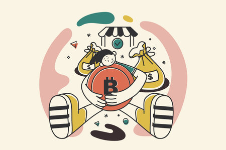 Crypto market concept with people scene in flat retro design for web. Man trading bitcoins at cryptocurrency stock exchange platform. Vector illustration for social media banner, marketing material.のイラスト素材