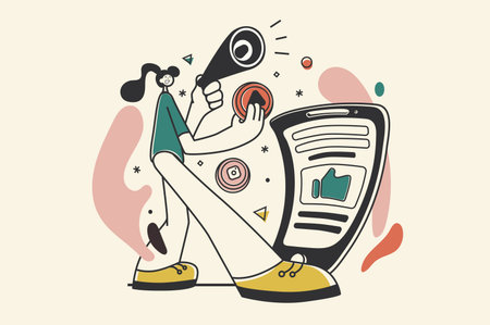 Digital marketing concept with people scene in flat retro design for web. Woman promoting online with viral video and advertising post. Vector illustration for social media banner, marketing material.のイラスト素材
