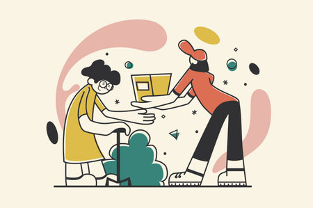 Humanitarian support concept with people scene in flat retro design for web. Volunteer give food or medical box to refugee older woman. Vector illustration for social media banner, marketing material.のイラスト素材