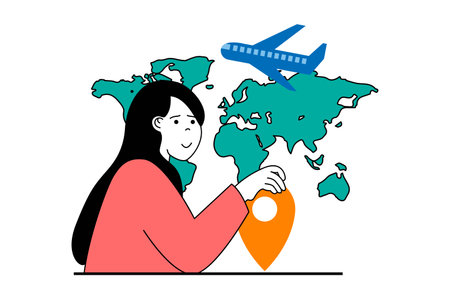 Travel vacation concept with people scene in flat web design. Woman planning trip route at global map with flights and booking hotel. Vector illustration for social media banner, marketing material.のイラスト素材