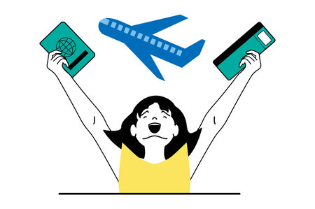 Travel vacation concept with people scene in flat web design. Happy woman booking hotel room and flight tickets and planning trip. Vector illustration for social media banner, marketing material.のイラスト素材