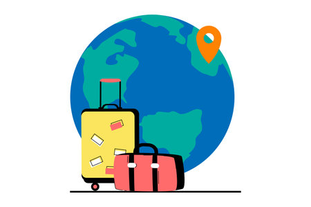 Travel vacation concept with people scene in flat web design. International tourism with flights, sightseeing and active recreation. Vector illustration for social media banner, marketing material.のイラスト素材