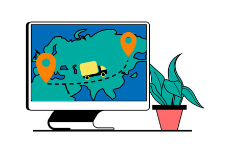 Worldwide delivery concept with people scene in flat web design. Truck shipping service and fast moving with online tracking at map. Vector illustration for social media banner, marketing material.のイラスト素材