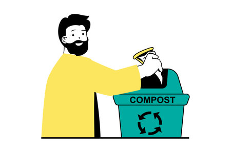 Zero waste concept with people scene in flat web design. Man collecting kitchen scraps to bin for organic recycling and composting. Vector illustration for social media banner, marketing material.のイラスト素材