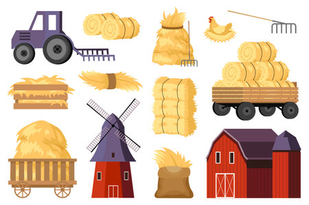 Hay bales at farm mega set elements in flat design. Bundle of tractor, barn, windmill, wheelbarrows and crate, straw in rolls, heaps and stacks of hay. Vector illustration isolated graphic objectsのイラスト素材