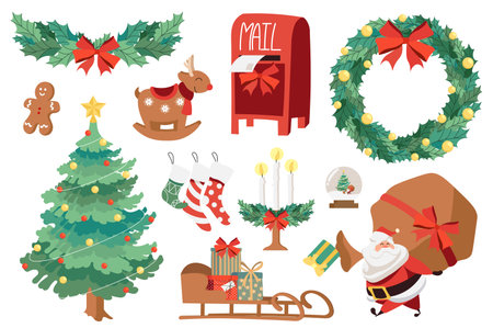 New Year mega set elements in flat design. Bundle of festive fir tree, holly wreath with bows, cookie, reindeer, mailbox, garland, Santa Clause with gifts. Vector illustration isolated graphic objectsのイラスト素材