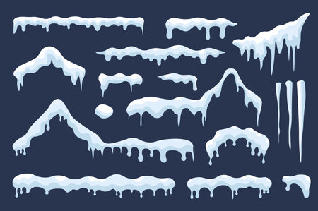 Snow ice caps mega set elements in flat design. Bundle of snowy ice and snowcaps with frozen icicles on house roof shapes, freeze borders with drip effect. Vector illustration isolated graphic objectsのイラスト素材