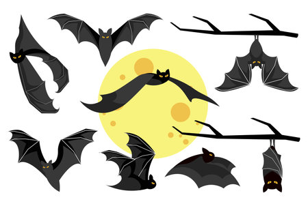 Cute spooky bats mega set elements in flat design. Bundle of flying by moon or hanging on branch Halloween characters with different types of wing poses. Vector illustration isolated graphic objectsのイラスト素材